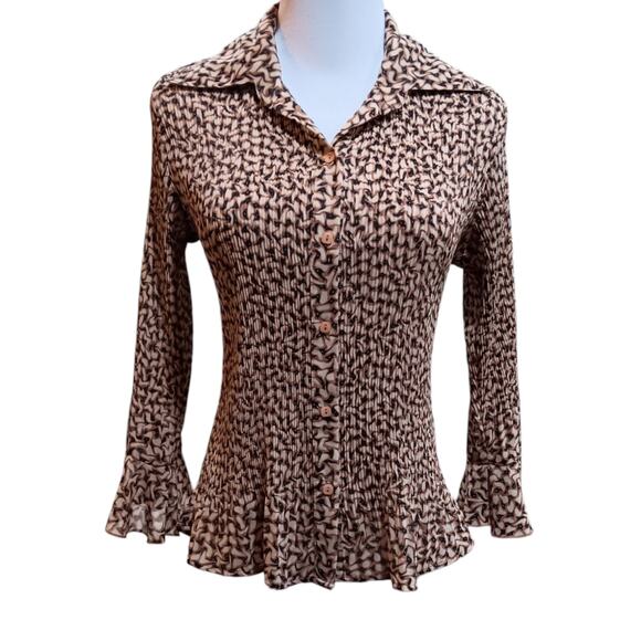 VINTAGE Blouse Top M Accordion Pleated‎ Lightweight Animal Print Cheetah Flutter - Picture 2 of 8